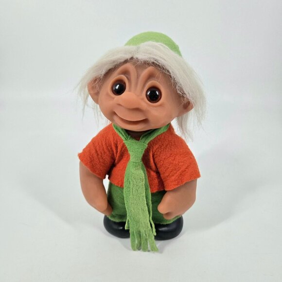 Vintage 1989 Dam Large Boy Troll with Felt Clothes & Hat White Hair Denmark 10" - Picture 1 of 12
